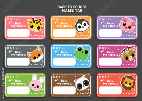 Back to School Animals Name Tag template clipart set design. School Name Tags with cute animal cartoon characters in colorful background for planner, diary and textbook printable stickers personal