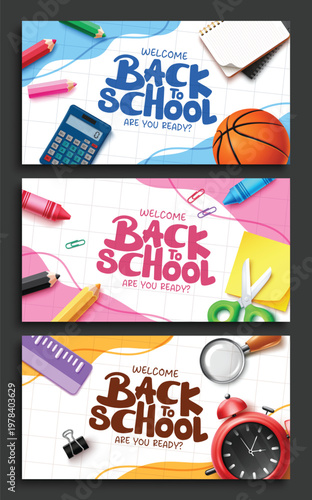 School greeting abstract clip art banner set design. Welcome Back to School greeting text with School supplies like ball, calculator, scissor, alarm clock and magnifying glass in grid line space color