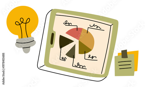 Flat illustration of a digital tablet with a pie chart, a glowing lightbulb and sticky notes. Bright creative business idea, data analytics and strategy planning concept. Isolated on white.