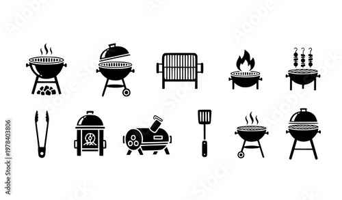 Collection of barbecue grill icons and BBQ cooking equipment, outdoor grilling tools and fire symbols set in black vector illustration