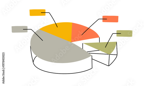 Flat illustration of a Volume volumetric pie chart with colorful segments and callout labels. Bright data visualization element for business presentation, financial report or market research design