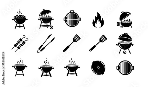 Set of barbecue grill icons and cooking tools, black silhouette BBQ equipment collection for outdoor cooking and food preparation design