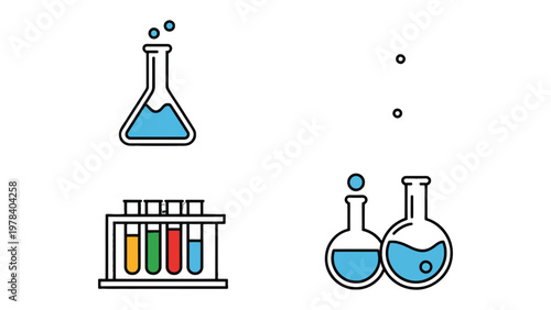 Laboratory Equipment Iconography: A collection of laboratory flasks, test tubes, and beakers arranged against a clean backdrop, perfect for illustrating scientific concepts.