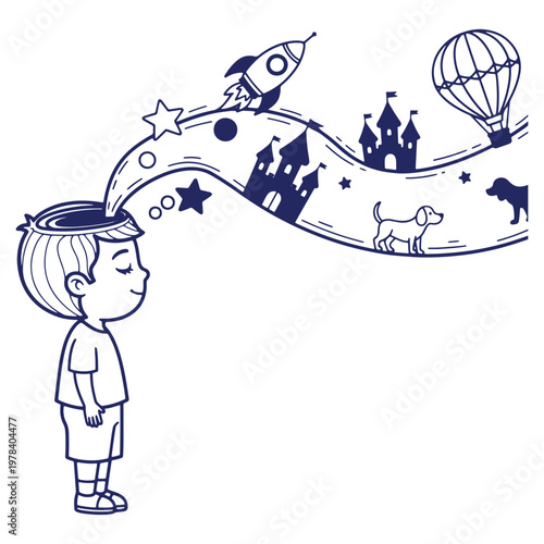 Boy imagining fantastic worlds with castle hot air balloon rocket and cute dogs conceptual illustration for creative mind