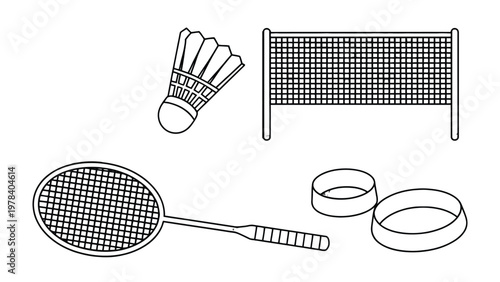 Badminton Elements Illustration: This illustration shows the main components of badminton equipment: shuttlecock, net, racket and ring. Clean graphic design is ideal for projects related to sport