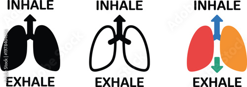 Set of human lung icons with inhale and exhale text labels showing respiratory system breathing process for healthcare education