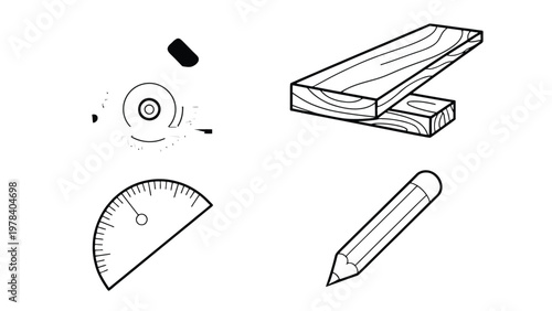 Crafting Essentials: A collection of tools including a saw blade, wooden planks, protractor, and pencil essential for precise work.