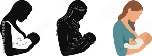 Flat vector illustration and black silhouette of a mother breastfeeding her newborn baby for maternal health and lactation awareness