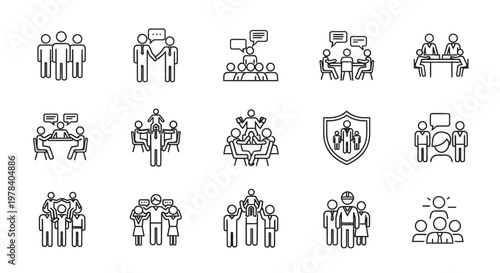 A collection of line art icons depicting various group interactions meetings and collaborative scenarios