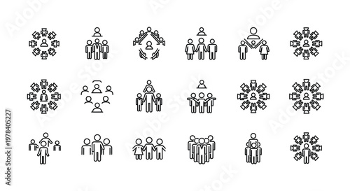 A collection of diverse line icons depicting various group sizes and human interaction scenarios