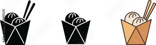 Set of three dumpling take-out box icons featuring steamed buns and chopsticks in black silhouette and colorful flat vector styles.