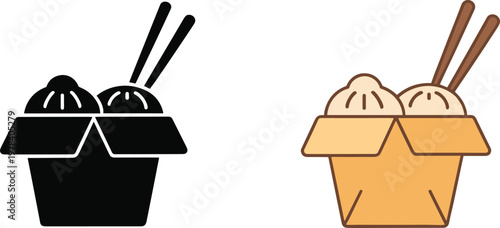 Set of three dumpling take-out box icons featuring steamed buns and chopsticks in black silhouette and colorful flat vector styles