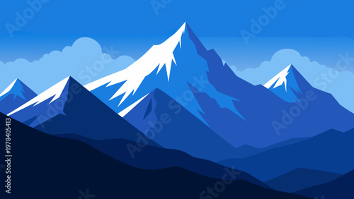 Majestic snow-capped mountain peak piercing the clear blue sky with layered hills in the foreground