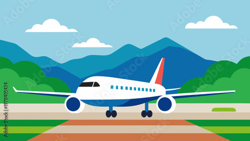 A commercial airplane with blue and red accents sits on a tarmac with mountains in the background