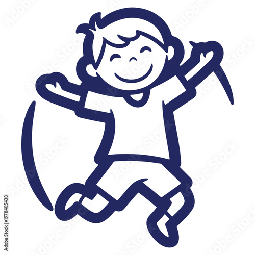 Happy boy jumping cheerfully with arms outstretched enjoying the freedom and energy in simple vector illustration