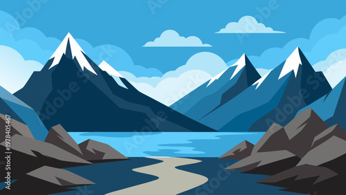 A majestic mountain range with snow-capped peaks reflects in a serene lake under a cloudy blue sky