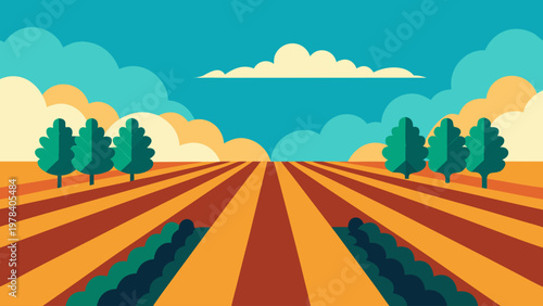 A stylized illustration of a vast, cultivated farmland stretching towards the horizon under a cloudy sky