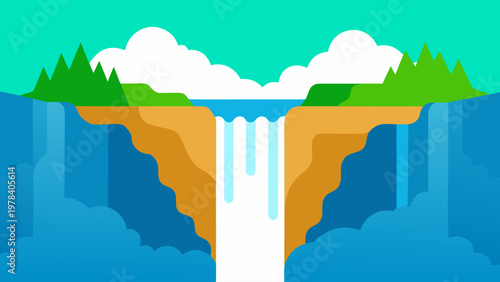 A vibrant flat illustration of a majestic waterfall cascading down colorful cliffs under a bright blue sky