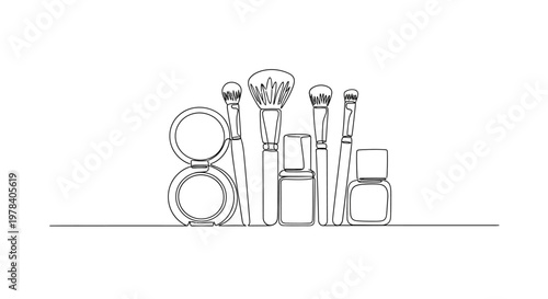 Minimalist Line Art: Makeup Brushes, Powder Compact, and Nail Polish Bottle