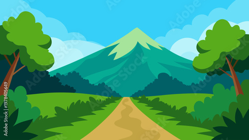 A scenic landscape featuring a majestic mountain surrounded by lush greenery and trees under a clear sky