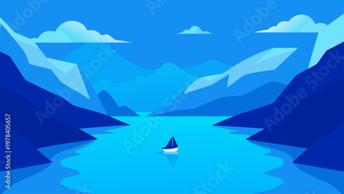A small sailboat glides peacefully across a tranquil blue lake surrounded by majestic mountains under a cloudy sky.