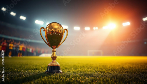 A shiny gold trophy cup sits on a green soccer field with a crowd of people in the background.