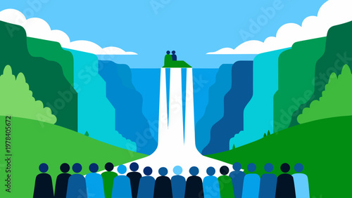 A majestic waterfall cascades down a cliff face into a lush green valley, observed by a crowd of onlookers