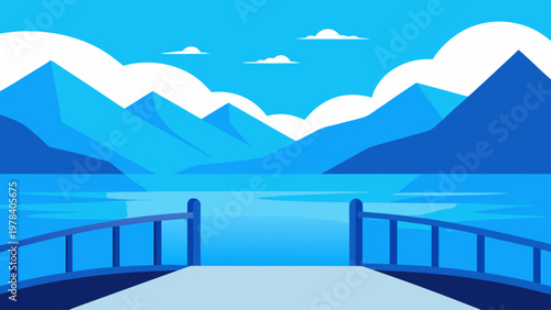 Serene blue mountain landscape with a calm lake and a bridge leading across it
