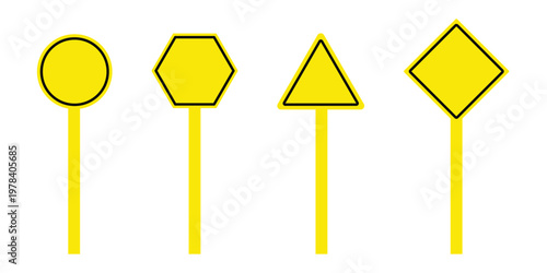 Yellow traffic sign board blank set with circle hexagon triangle and diamond shapes on poles, vector isolated symbols for road safety and warning icons.