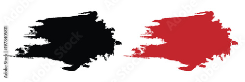 Black and red brush stroke grunge texture set, hand drawn paint smear with rough edges, vector isolated ink splash for artistic design elements.