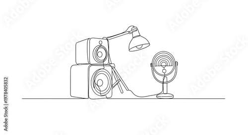 Minimalist Line Art: Studio Monitors and Vintage Microphone with Desk Lamp