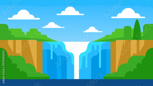 A beautiful cascading waterfall flows down rocky cliffs into a calm blue body of water under a clear sky