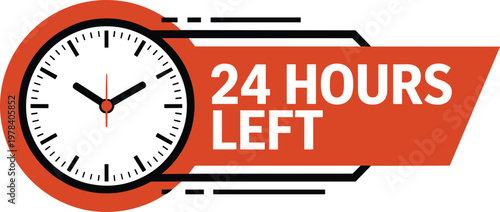 Modern orange and white 24 hours left countdown timer banner with analog clock for promotional sales and limited time offers.