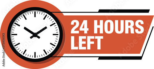 Modern orange and white 24 hours left countdown timer banner with analog clock for promotional sales and limited time offers.