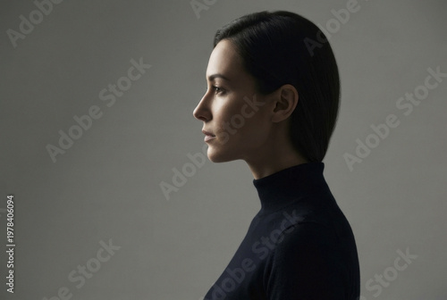 Close-up profile of contemplative woman in dark turtleneck looking left on dark background