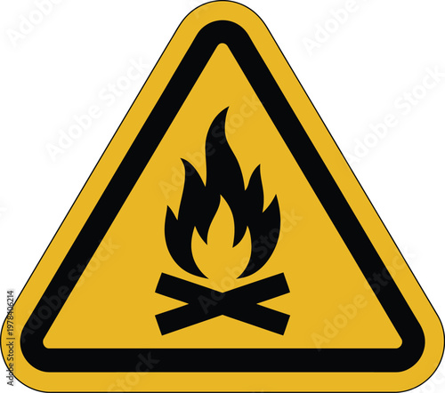 Fire warning sign in yellow triangle, safety icon illustration of flammable and inflammable hazard symbol isolated on white background for warning and caution signage.