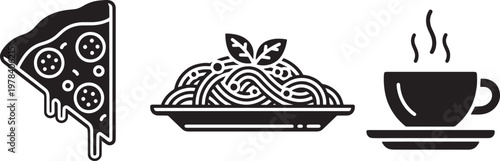 Vector icons of popular food and drink pizza slice, spaghetti plate, and hot coffee cup silhouette, ideal for restaurant menus and culinary design