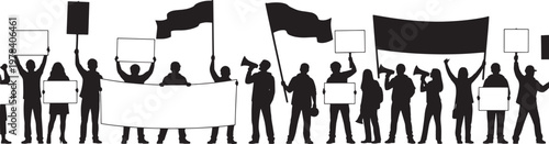Silhouettes of a diverse group of people actively participating in a public protest, holding signs, banners, and flags, collectively demonstrating their voice for change and advocacy