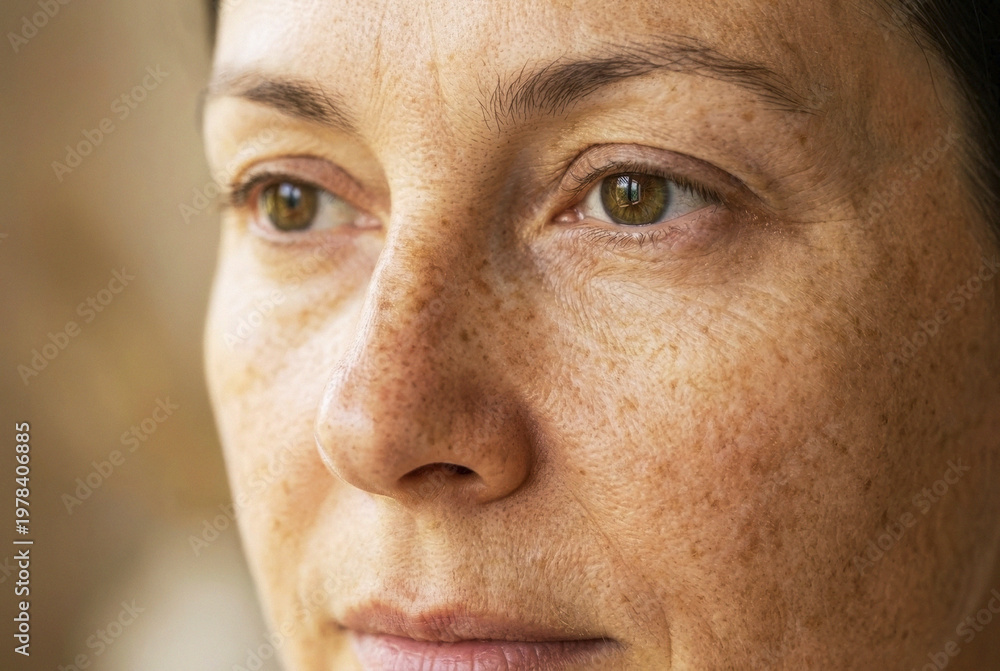 Fototapeta premium Macro detail of woman face showing skin texture freckles and hazel eye looking sideways