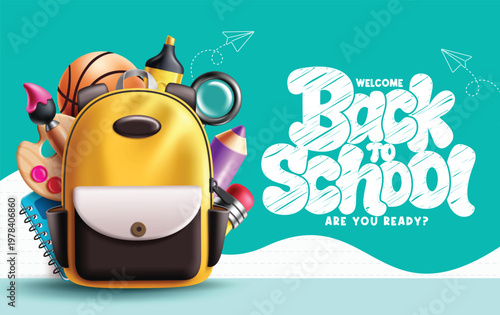 Back to School Poster clipart design. Back to school poster design with 3d backpack and school supplies like notebook, paintbrush, pencil, and magnifying glass elements clip art for education banners
