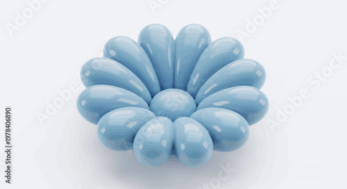 A minimalist light blue floral bloom with plump, rounded petals radiating from a central point on a clean white background, representing a stylized flower