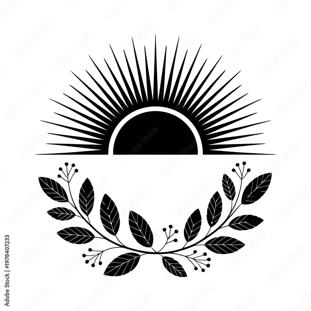 Fototapeta premium Sunrise rays with decorative leaf frame silhouette illustration