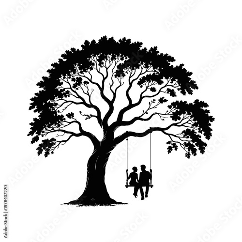 Romantic couple tree swing silhouette relationship illustration