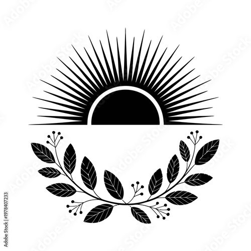 Sunrise rays with decorative leaf frame silhouette illustration