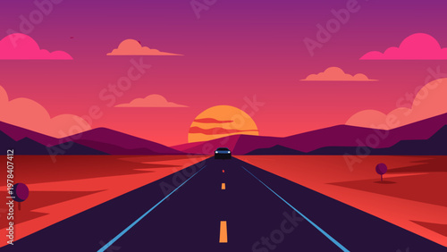 A lone car drives down a long, straight road towards a vibrant sunset over the mountains