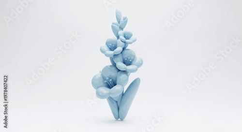 A delicate pastel blue flower sculpture, showcasing intricate petals and a slender stem, with a leaf accent against a soft background