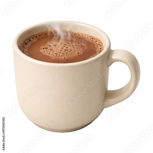 Hot chocolate in beige ceramic mug with frothy bubbles isolated on transparent background. Morning routine: Freshly brewed hot chocolate in a minimalist ceramic cup. 