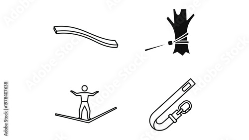 Slackline Equipment Illustrated: A collection of line art diagrams showcasing slackline equipment, ideal for explaining the sport of slacklining and its associated gear.
