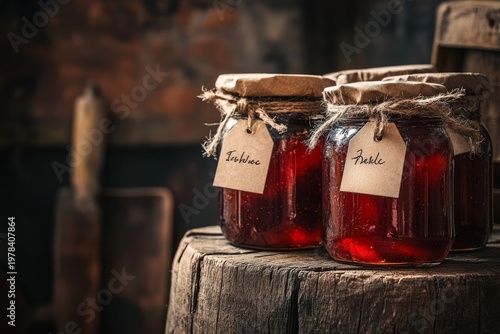 selective focus glass jars of jam with handcrafted labels