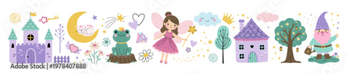 Sweet fantasy border with castle, fairy, moon, gnome, clouds, stars. Simple pastel kids design